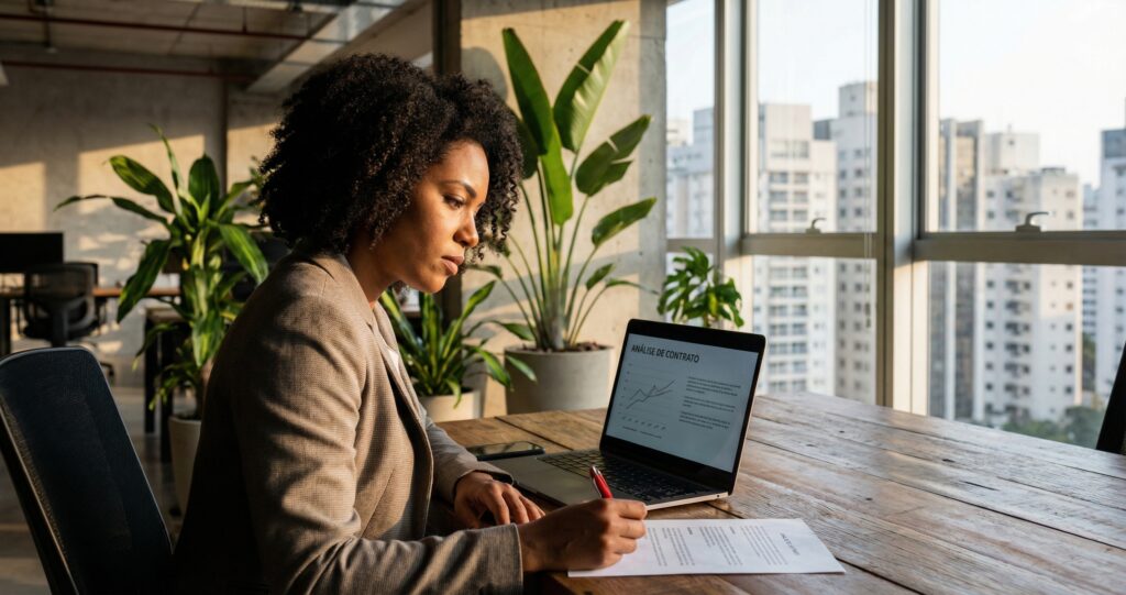 Acordo de Sócios: A Cláusula Shotgun que Salva PMEs - ilustração de empreendedor analisando contrato