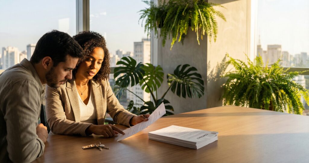 Cláusula de exclusividade imobiliária: blinde seus ganhos - ilustração de corretor de imóveis revisando contrato