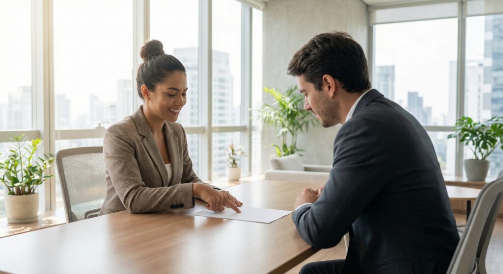 Cláusula de exclusividade imobiliária: Como blindar - ilustração de corretor de imóveis revisando contrato