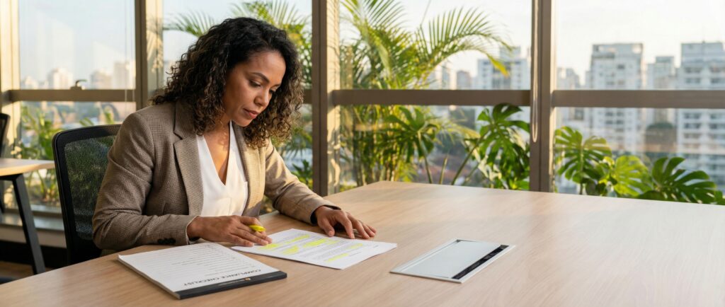 Cláusula de Não Concorrência: O Risco Oculto no Contrato - ilustração de gestor de RH auditando contrato trabalhista