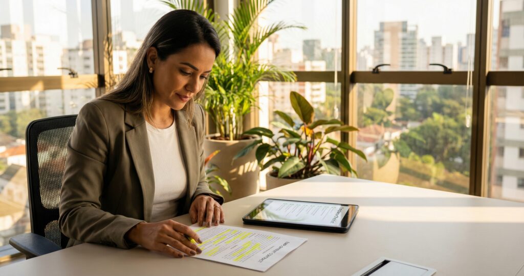 Cláusula de Propriedade Intelectual: Como Blindar Contratos - ilustração de gestor de RH auditando contrato trabalhista