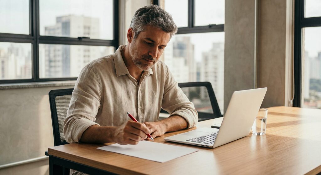 Cláusula de Vesting: Guia Prático para Sócios - ilustração de empreendedor analisando contrato