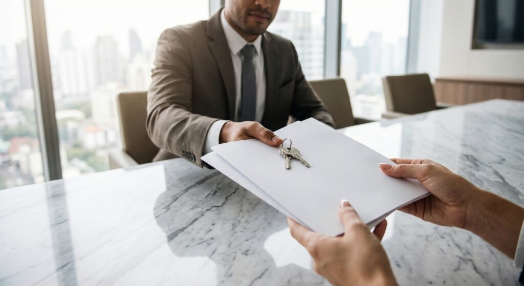 Cláusula Resolutiva Expressa: Guia Prático para Corretores - ilustração de corretor de imóveis revisando contrato