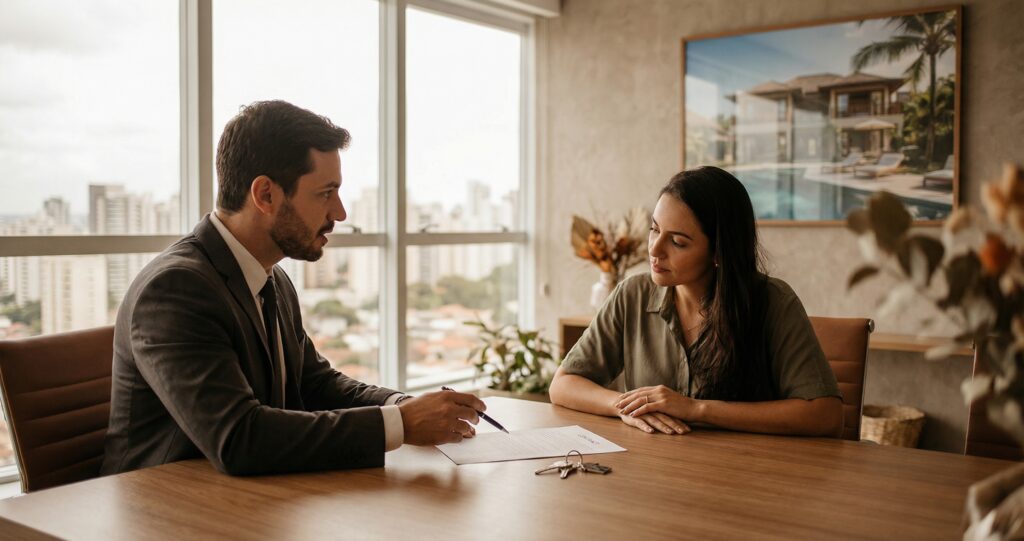 Erros no Contrato de Compra e Venda: Guia para Corretores - ilustração de corretor de imóveis revisando contrato
